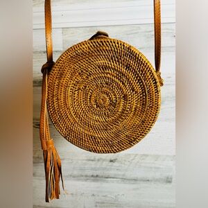 Round Rattan Bali Crossbody Bag Boho Woven Leather Tassel